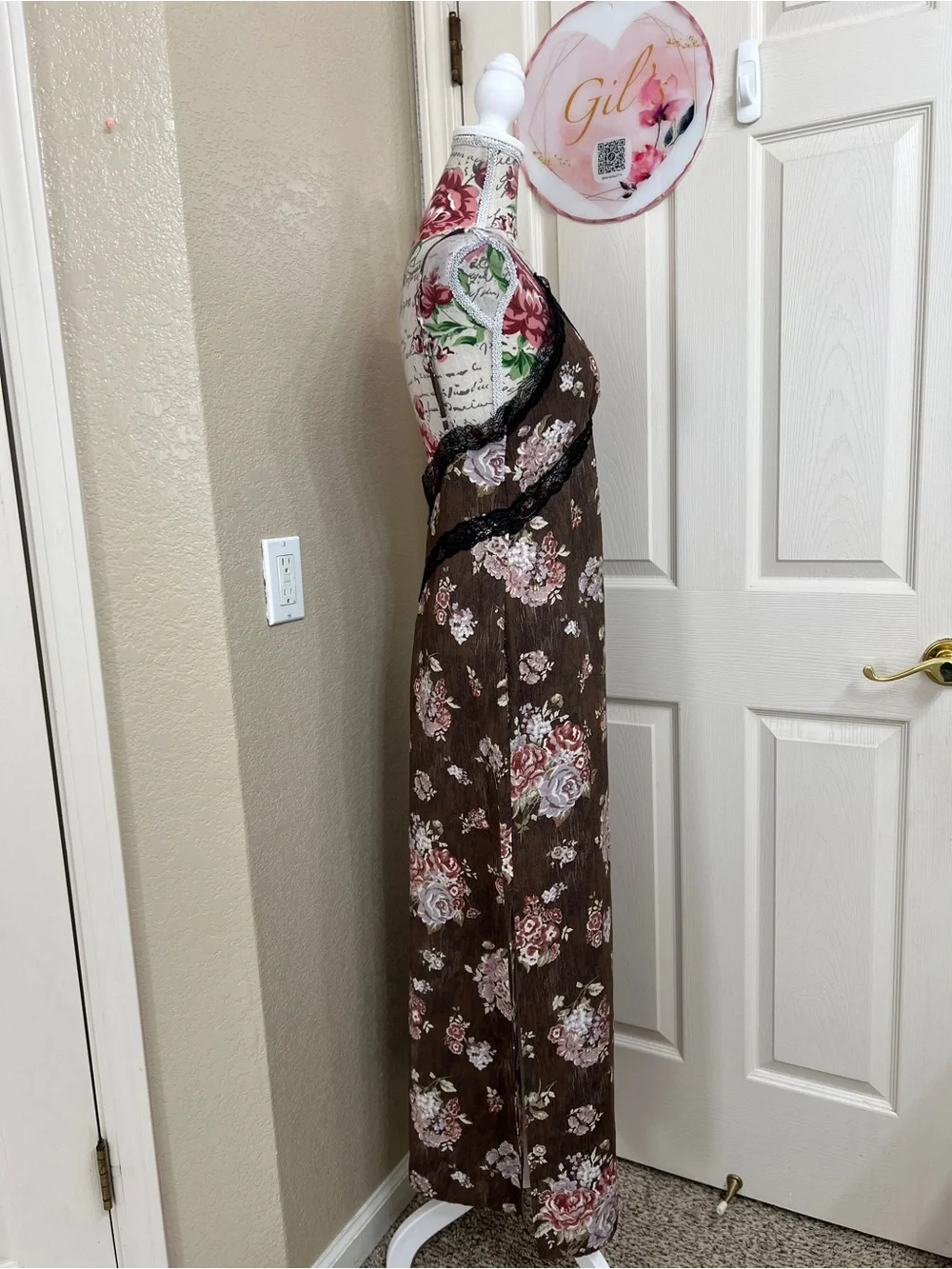 Brock Collection X H&M Brown Floral Lace Trim Maxi Slip Dress Size S